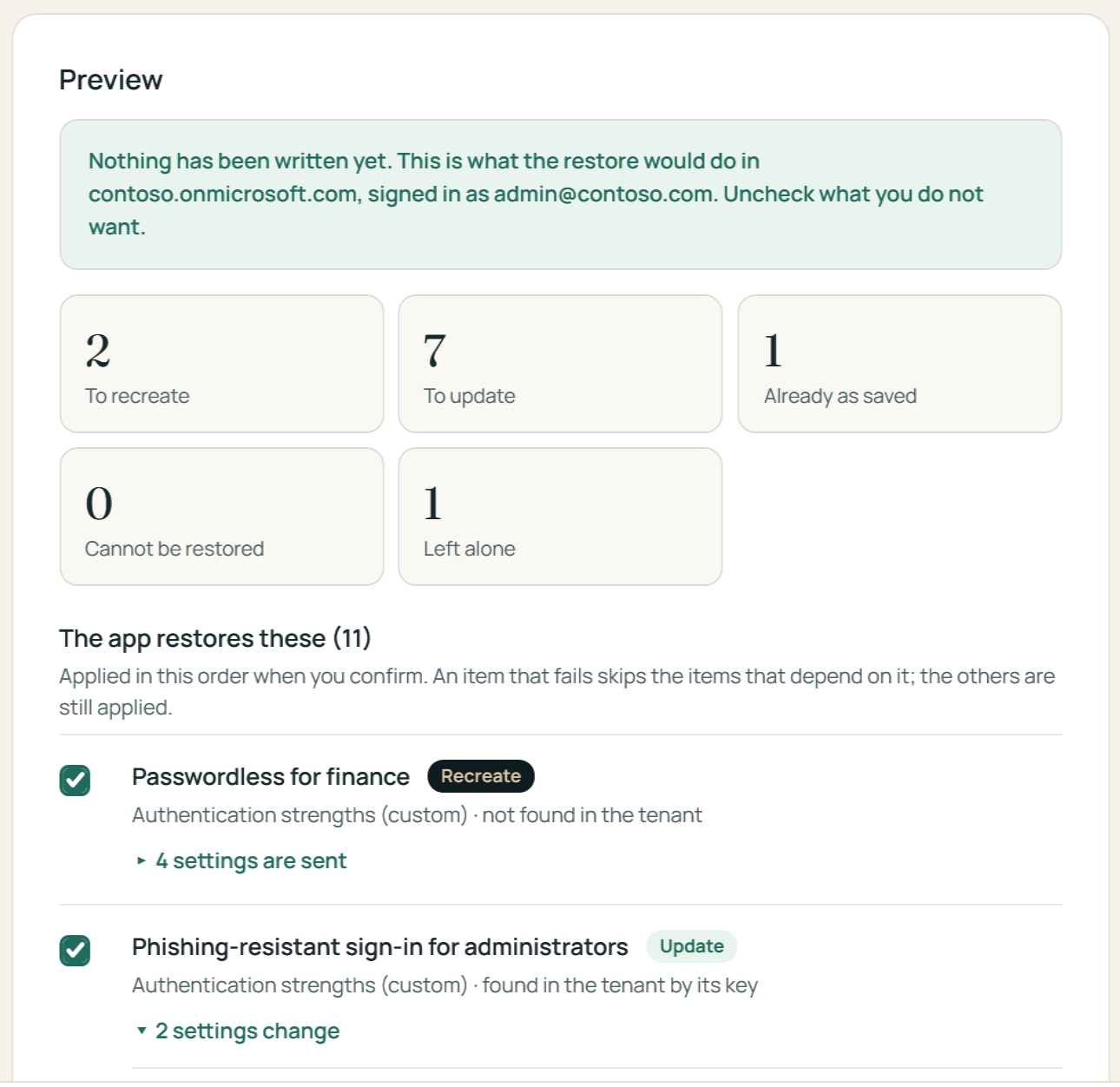 The restore preview: counts of items to recreate, to update, already as saved, that cannot be restored and that are left alone, before anything is written.