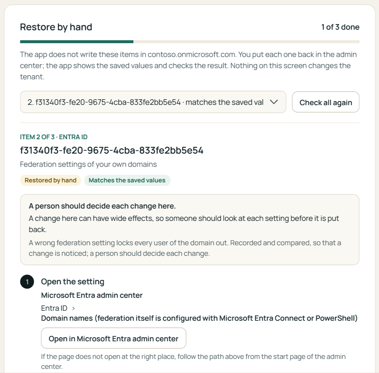 A guided restore of the federation settings of a domain: why a person decides it, the path in the Microsoft Entra admin center and a button that opens it.