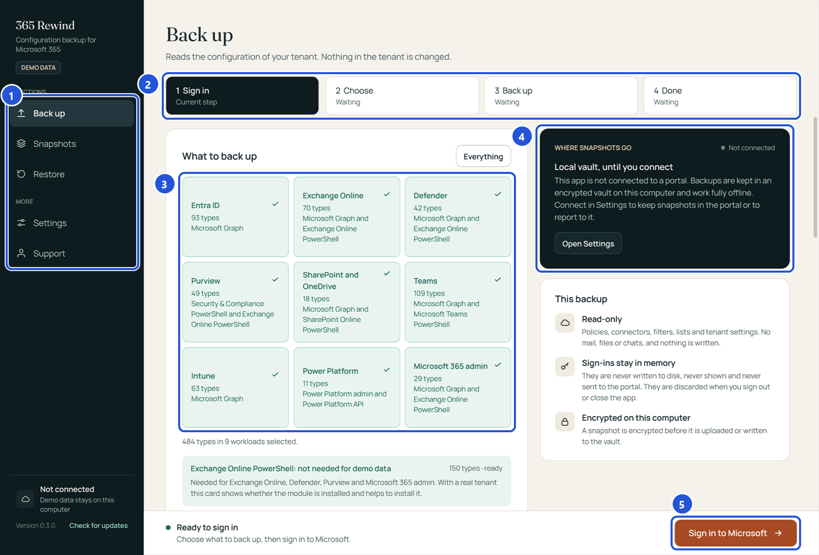 The Windows app on its Back up screen: the menu on the left, the four steps at the top, the workloads to back up, where snapshots go, and the Sign in to Microsoft button.