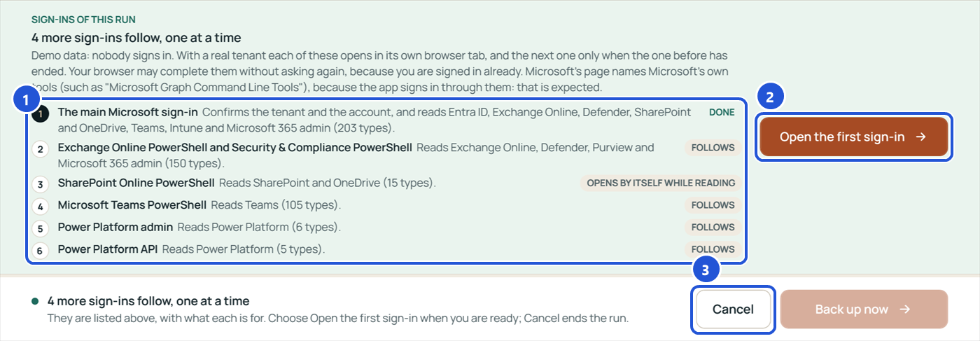 The panel Sign-ins of this run: four more sign-ins follow, one at a time, each listed with what it reads, and the Open the first sign-in button.