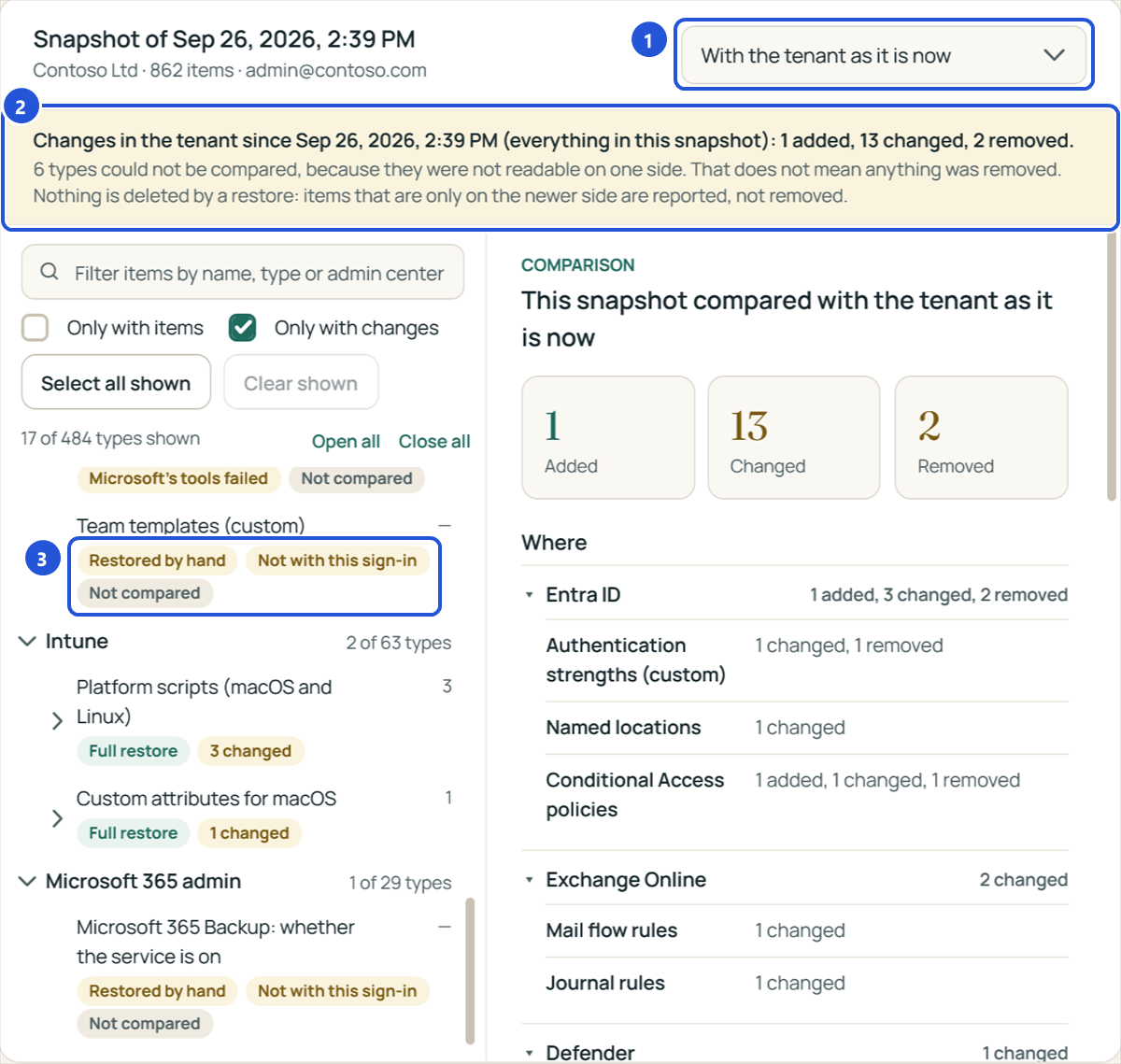 A snapshot compared with the tenant as it is now: 1 added, 13 changed, 2 removed, with the types restored by hand marked as such.