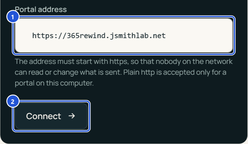 The Portal connection card in the app's Settings: the portal address and the Connect button.