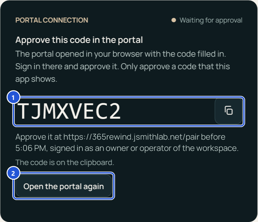 The app shows the connection code TJMXVEC2 and waits for the approval in the portal.