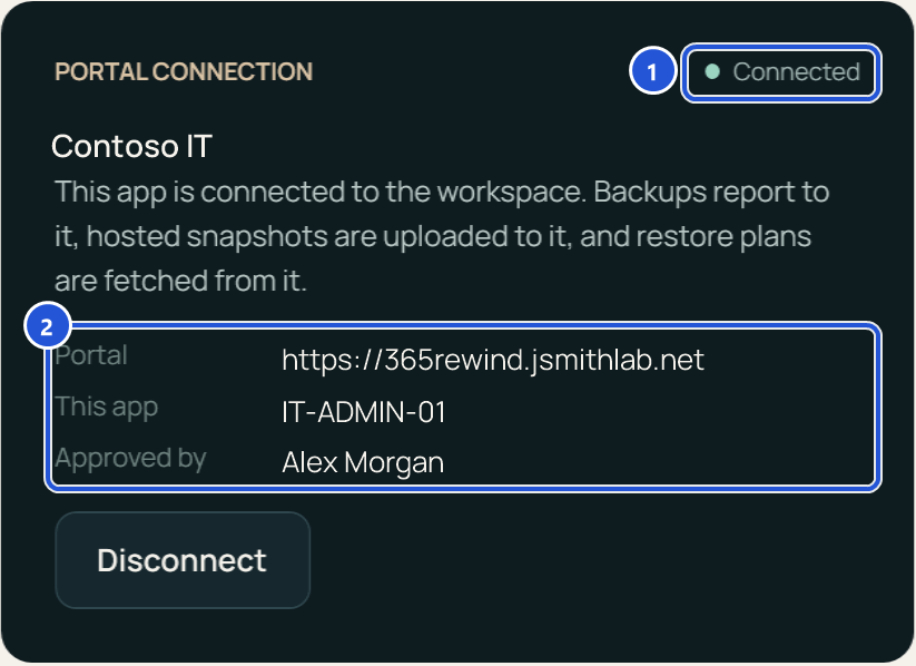 The Portal connection card after the approval: Connected, the workspace Contoso IT, the portal, the name of this app and who approved it.