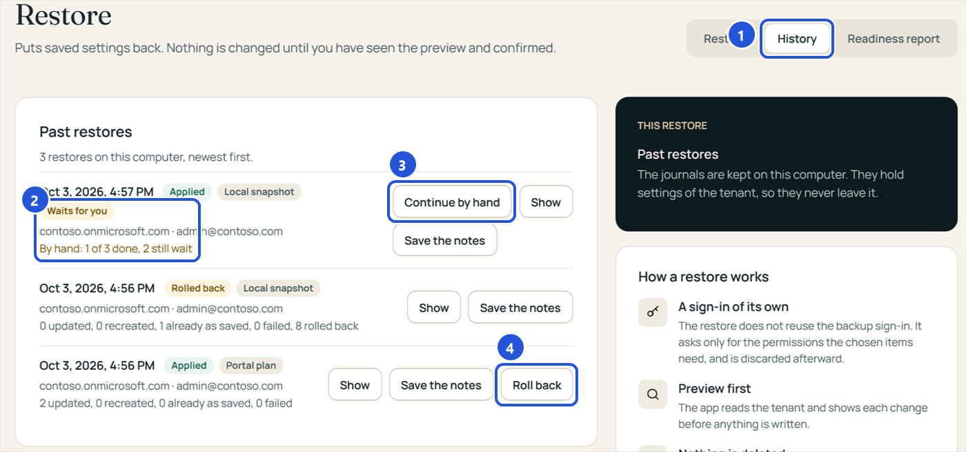 Restore, History: three past restores, one waiting for a restore by hand, one rolled back, one from a portal plan, with Continue by hand, Show, Save the notes and Roll back.