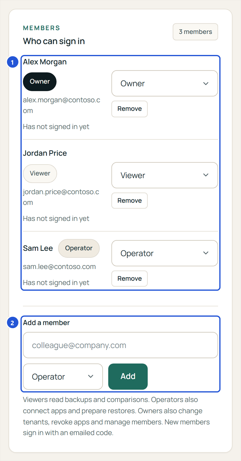 Settings, Members: Alex Morgan as owner, Jordan Price as viewer, Sam Lee as operator, and Add a member.