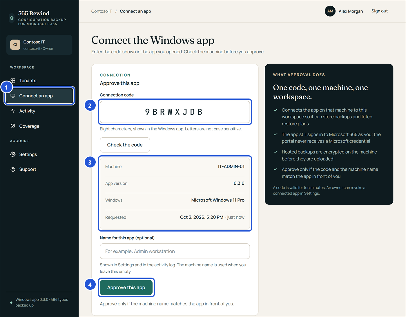 The portal's Connect an app page: the connection code, the machine, app version and Windows version of the app that asked, a name for the app, and the Approve this app button.