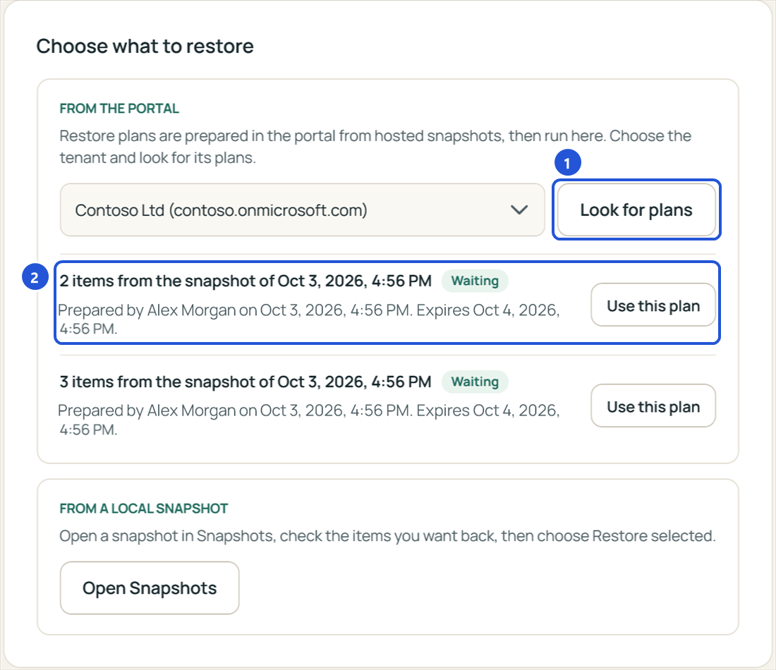 The app's Restore screen: two plans prepared in the portal for Contoso Ltd, each with Use this plan.
