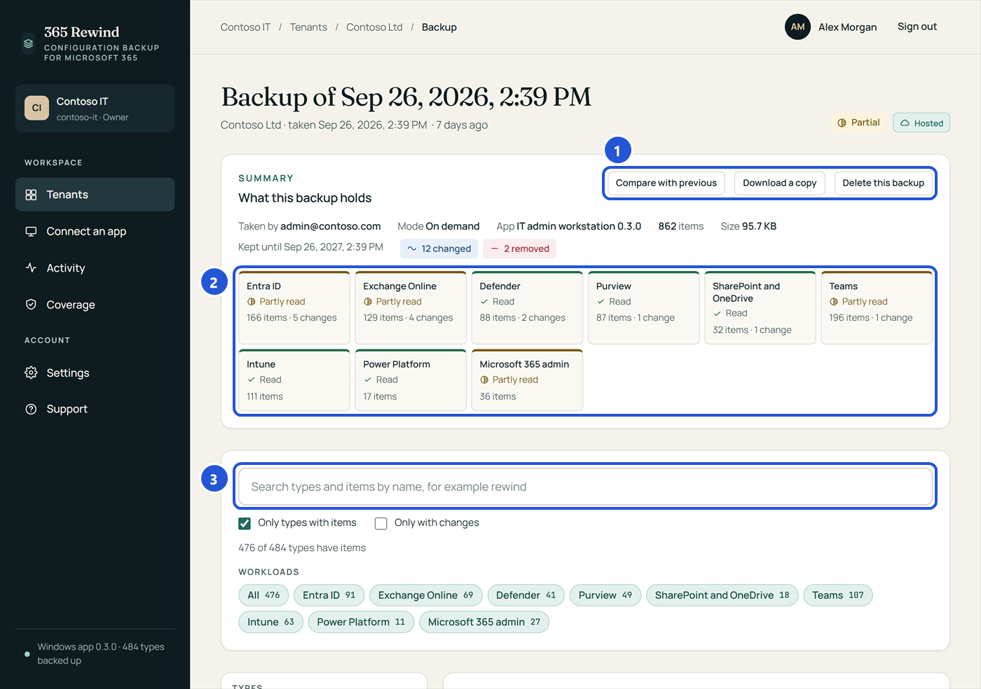 A backup in the portal: what it holds per workload, the changes, Compare with previous, Download a copy, Delete this backup, and a search box over types and items.