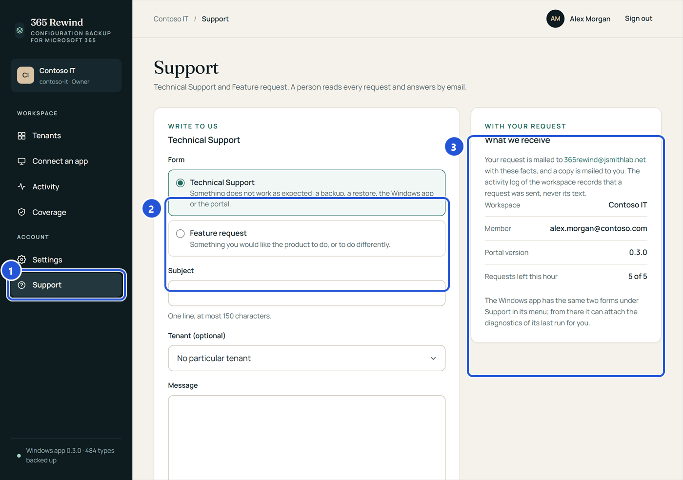 The portal's Support page: the choice between Technical Support and Feature request, subject, tenant and message, and what is sent with the request.