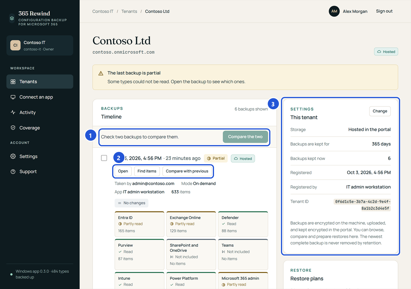 A tenant in the portal: the timeline of backups with a check box each and Compare the two, the buttons Open, Find items and Compare with previous, and the tenant's settings.