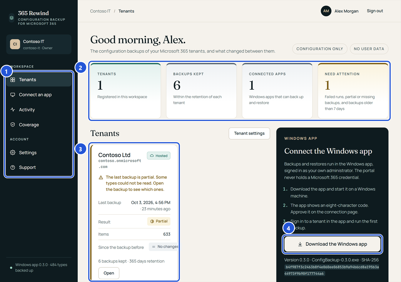 The portal's Tenants page: counts of tenants, backups kept, connected apps and tenants that need attention; the Contoso Ltd card with its last backup; and the Windows app card with Download the Windows app.