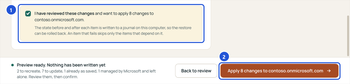 The confirmation: I have reviewed these changes and want to apply 8 changes to contoso.onmicrosoft.com, and the Apply button.