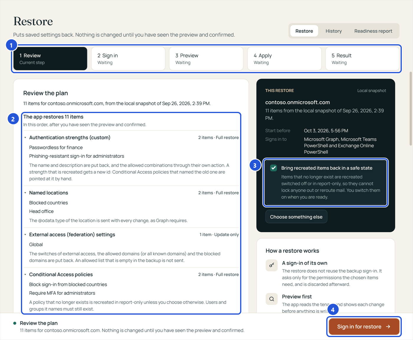 The Review step: the items the app restores, in order, with what is put back for each type, and the option to bring recreated items back in a safe state.
