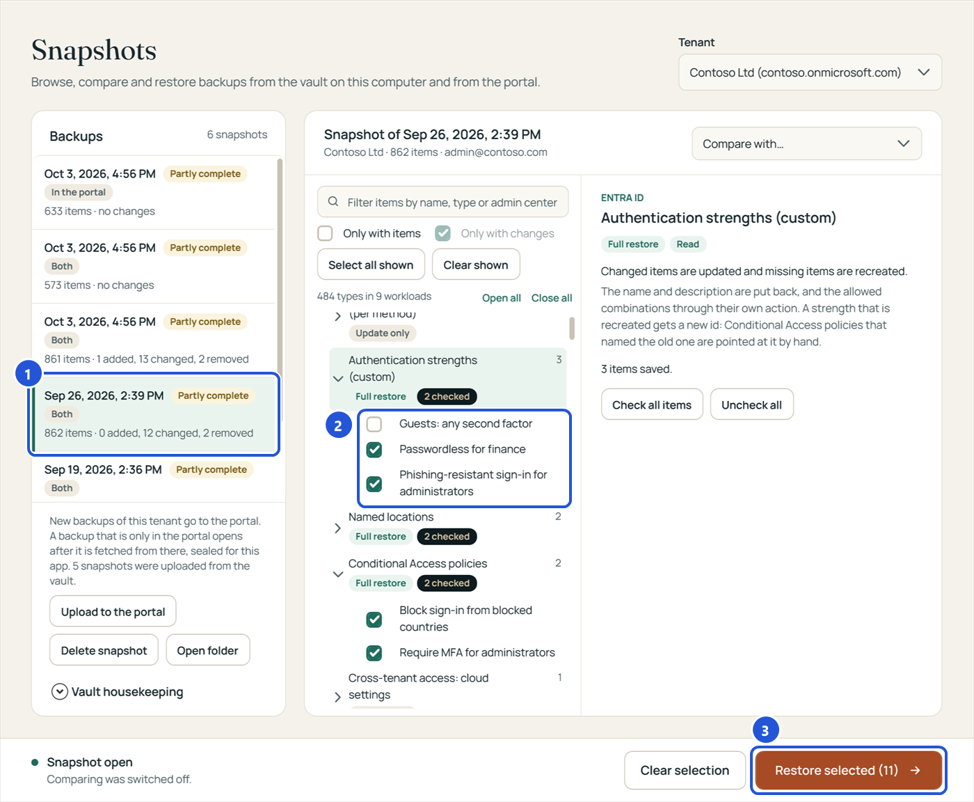 Items checked in a snapshot: two authentication strengths, two named locations and two Conditional Access policies, and the Restore selected button with 11 items.