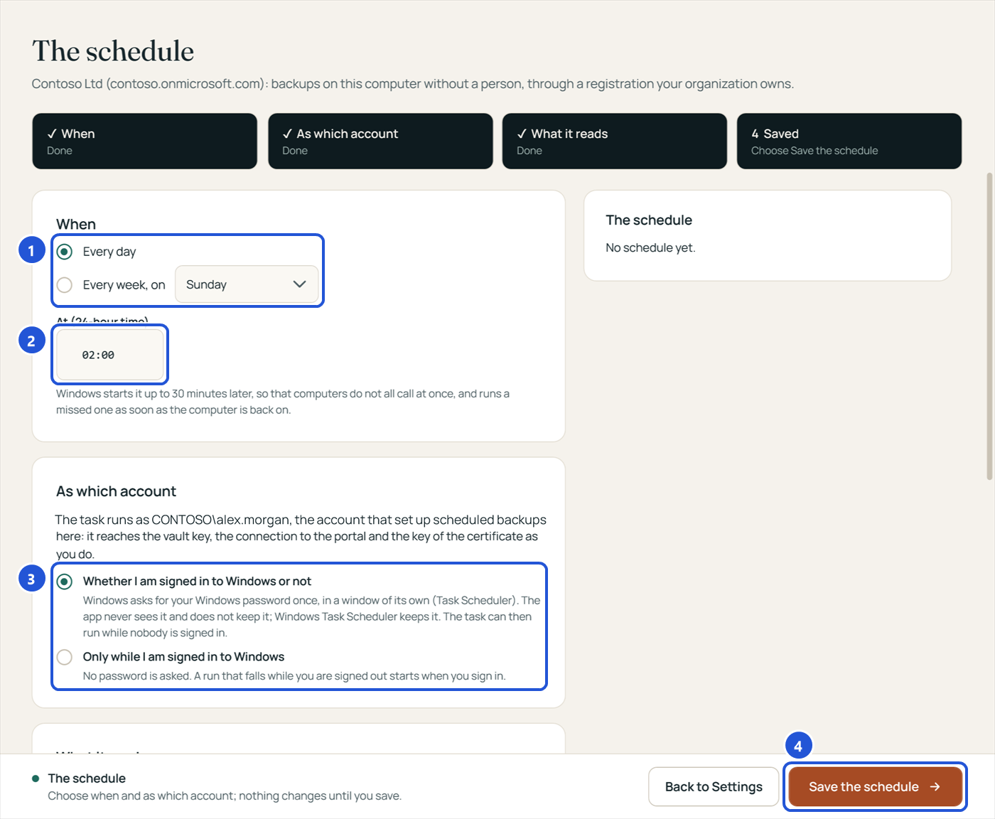 The schedule: every day at 02:00, as the Windows account that set it up, whether signed in to Windows or not, and the Save the schedule button.