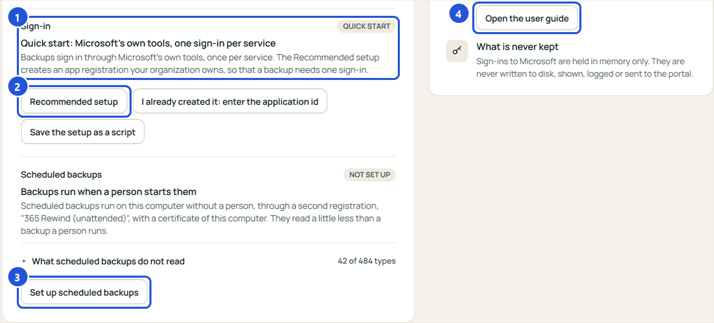 The app's Settings for a tenant: Sign-in on Quick start with Recommended setup, Scheduled backups not set up with Set up scheduled backups, and the user guide in About this app.